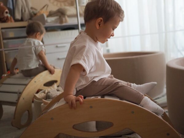 Drevená montessori hojdačka SwingMe - prírodné drevo/biela