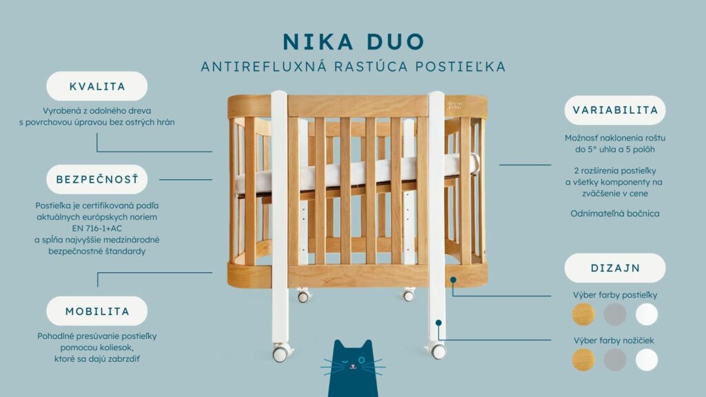 Detská antirefluxná rastúca postieľka Nika Duo - prírodné drevo so sivými nožičkami